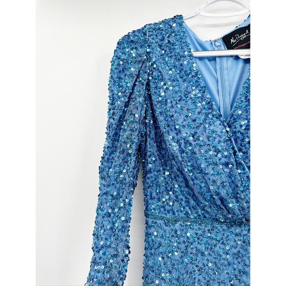 Mac Duggal 5510 Blue Women's Sequined Wrap Over Puff Long Sleeve Gown Size 4 - Picture 4 of 6
